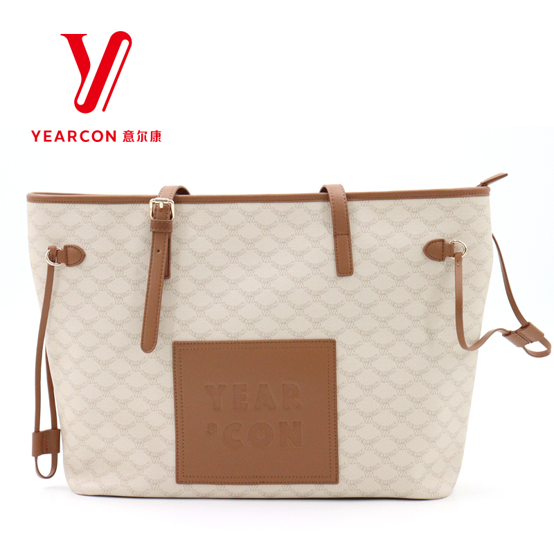 意尔康女包双根敞口简约风拉链印花单肩包托特包中号拼色28440