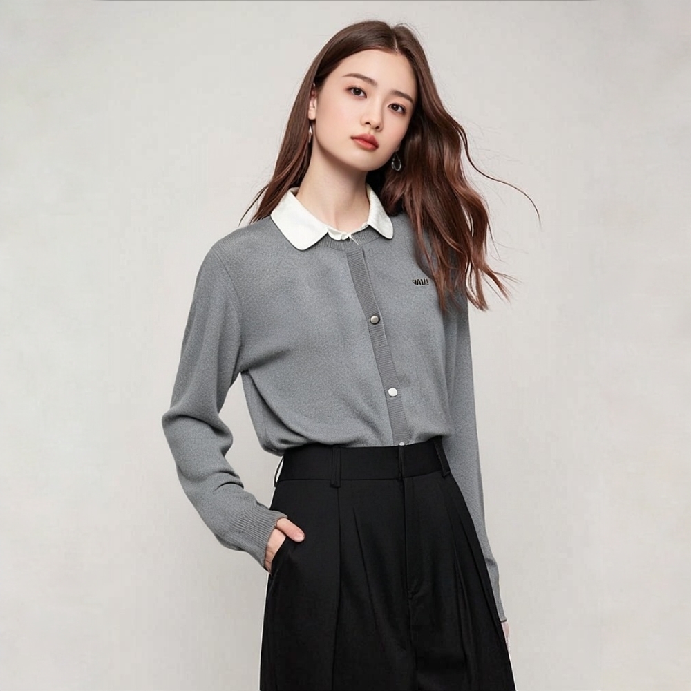 国贸精品】品牌折扣30羊毛百搭单排扣拼接翻领假两件开衫上衣女037