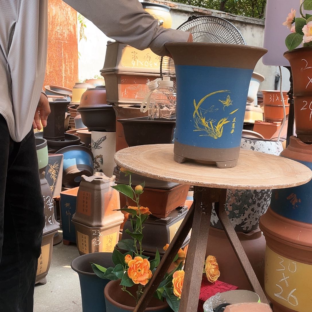 蓝色印金兰花盆22花盆紫砂花盆