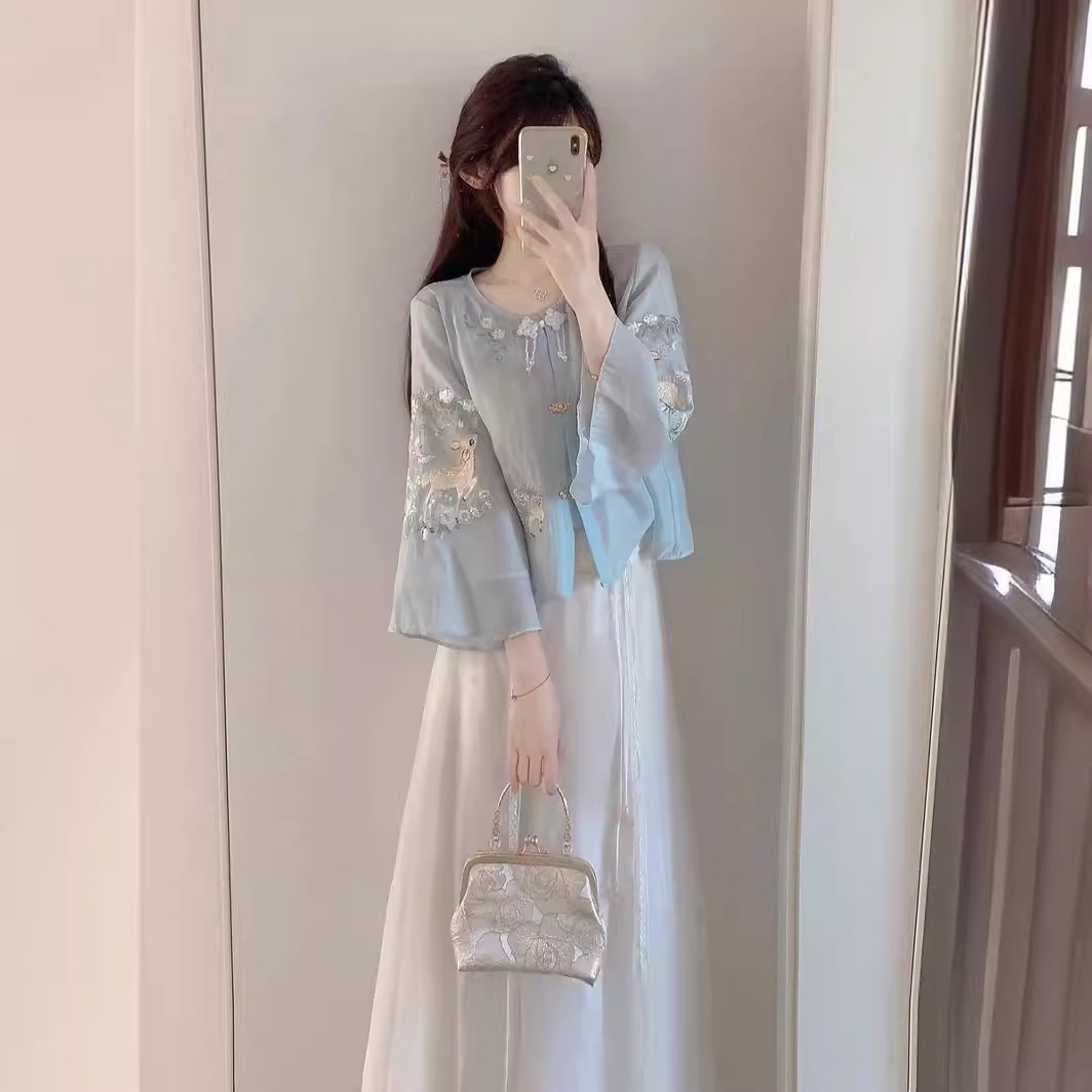 DouKox轻奢新中式国风套装女夏季小个子感气质盘扣上衣半身长裙子