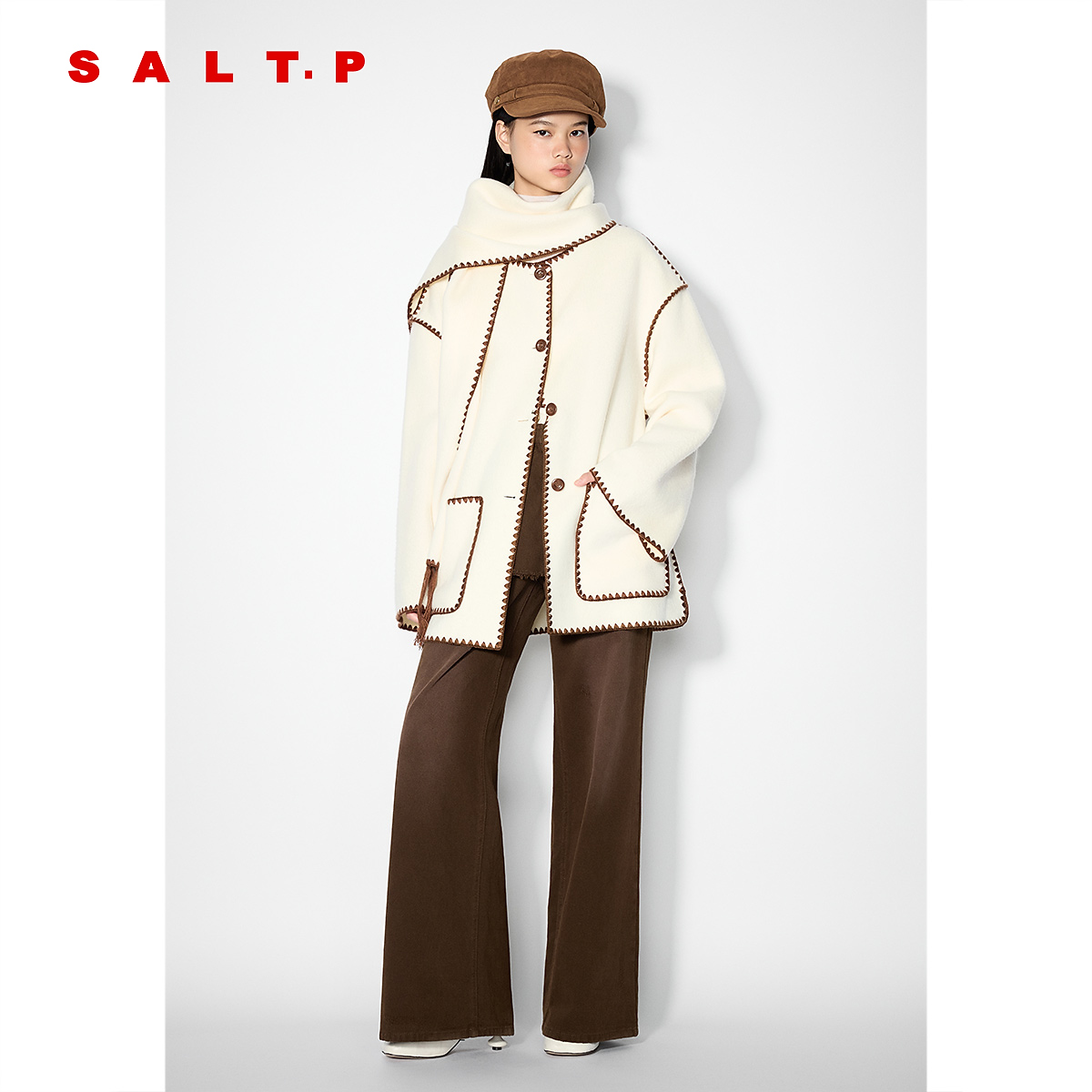 SALT.P可颜羊毛双面呢贝壳绣流苏围巾大衣女2025冬新款