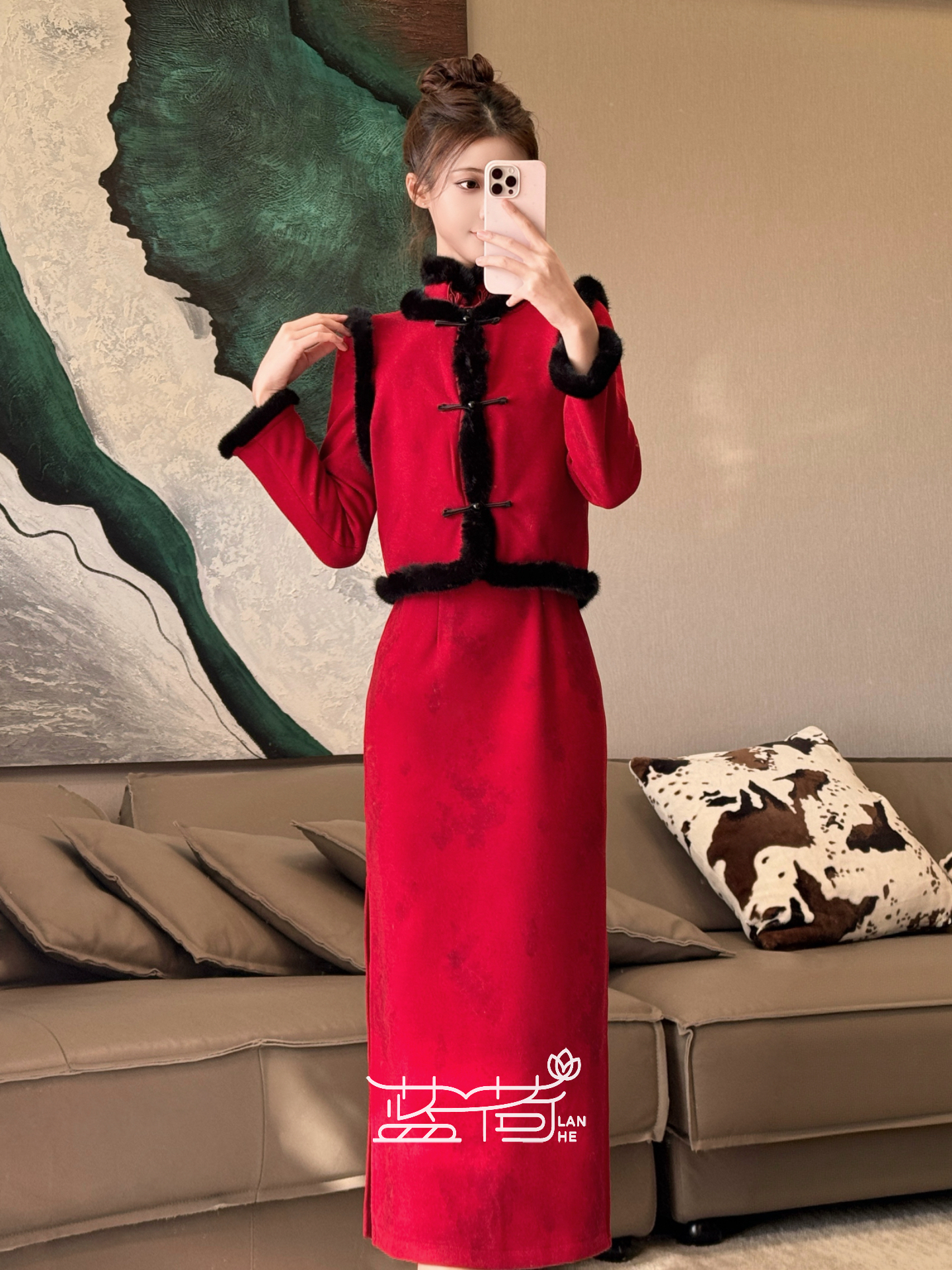 蓝荷【朱缨】新中式套装秋冬加绒加厚保暖红色显白显瘦新年喜庆优雅