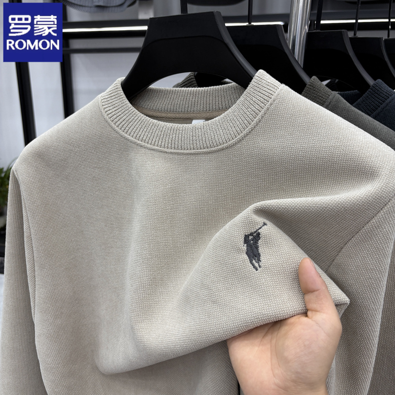 罗蒙冬季加绒卫衣中年加厚秋冬款男士刺绣打底衫圆领长袖T恤上衣