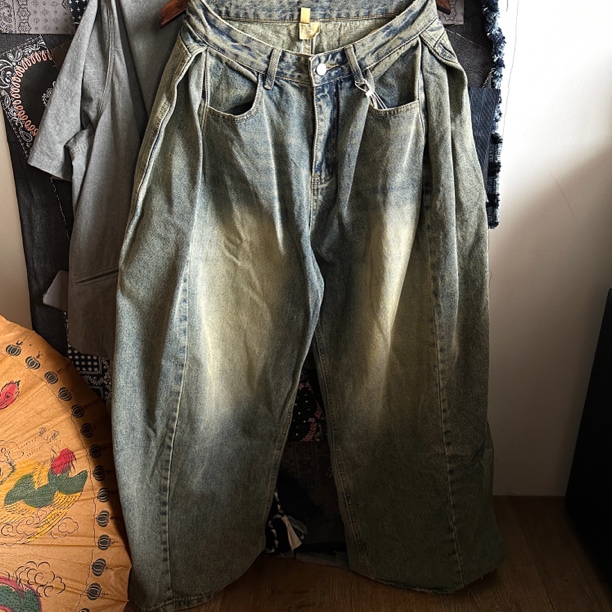 Sina日系复古水洗做旧拖地弯刀裤阔腿牛仔裤宽松oversize158
