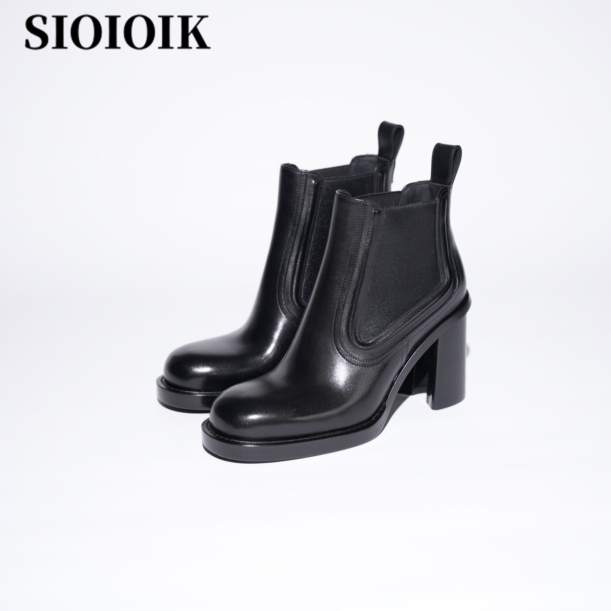 SIOIOIK/素卡25秋冬季新款时尚方圆头高跟短靴女士黑色真皮粗跟