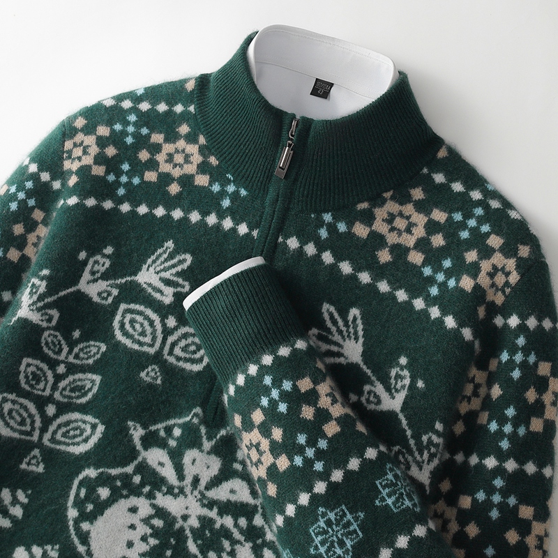 秋冬新款男士羊绒衫加厚半高拉链套头复古提花上衣针织衫羊毛衫