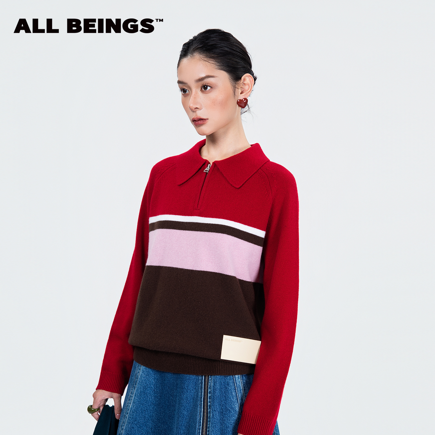 ALL BEINGS25年秋冬设计师新款宽松复古半拉链翻领拼色毛衣女