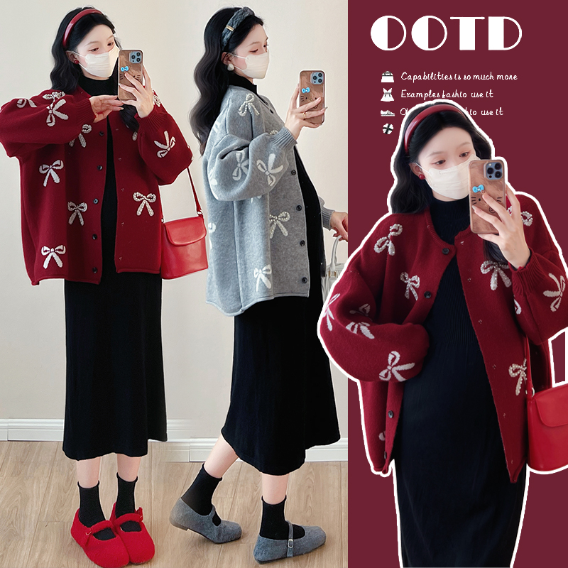 孕妇上衣新款加厚孕妇毛衣针织衫甜美减龄重工钉珠蝴蝶结孕妇外套