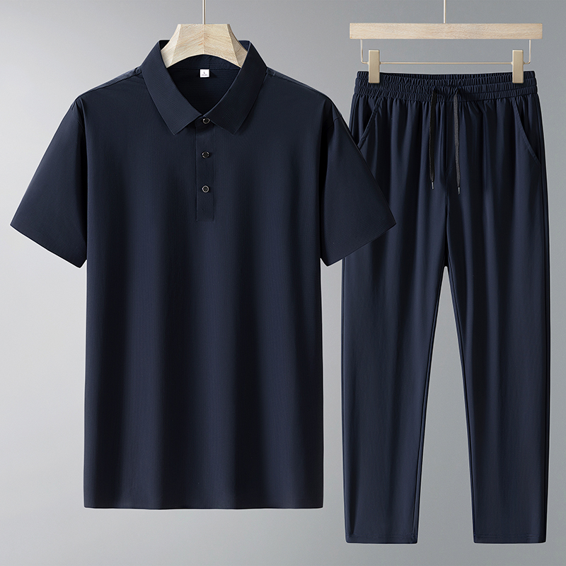 男士夏装爸爸短袖t恤2025新款翻领polo衫休闲中年人夏季冰丝套装