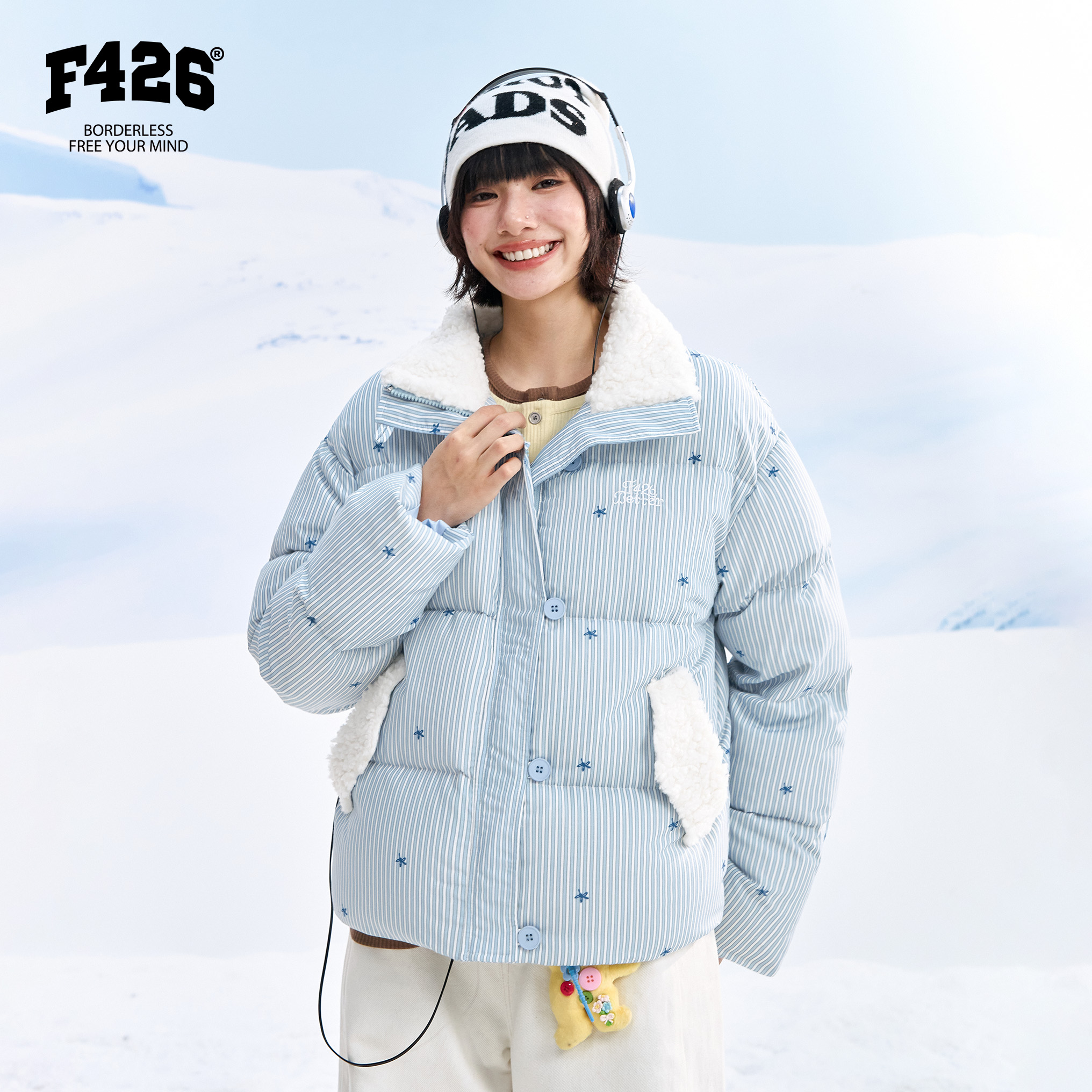 【90安心绒】F426潮牌冬季新款保暖翻领拼毛小花条纹印花羽绒服8011