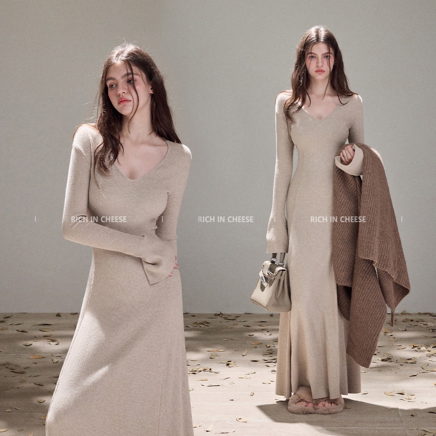 RICH IN CHEESE 茶香可颂【系列合集】秋冬长袖针织显瘦收腰连衣裙