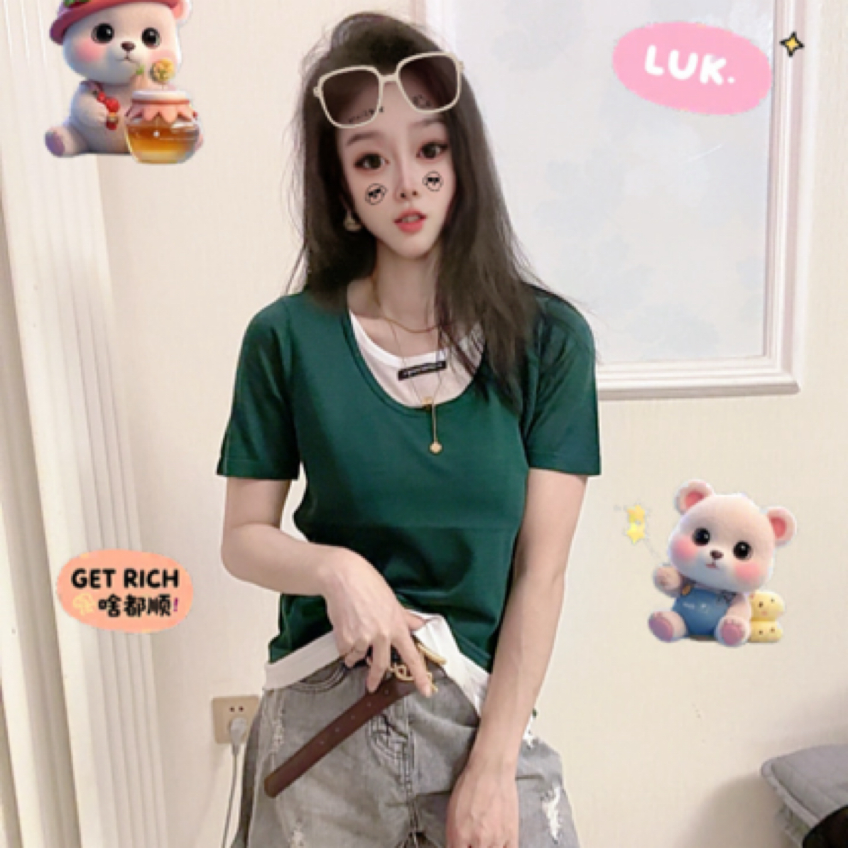 墨绿色字母标针织假两件