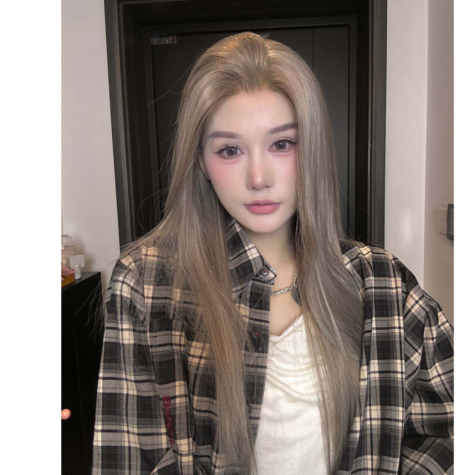 混血麻灰【全头套】麻灰色高层次直发进口丝大面积蕾丝