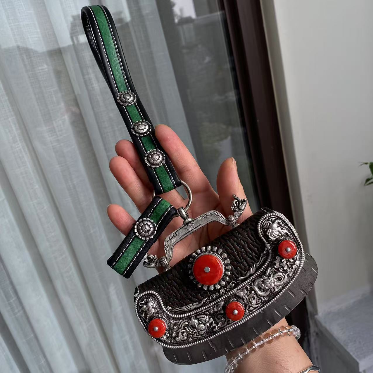 25新款男士藏族特色手工白铜加银火镰腰链挂件时尚百搭新款绿大号