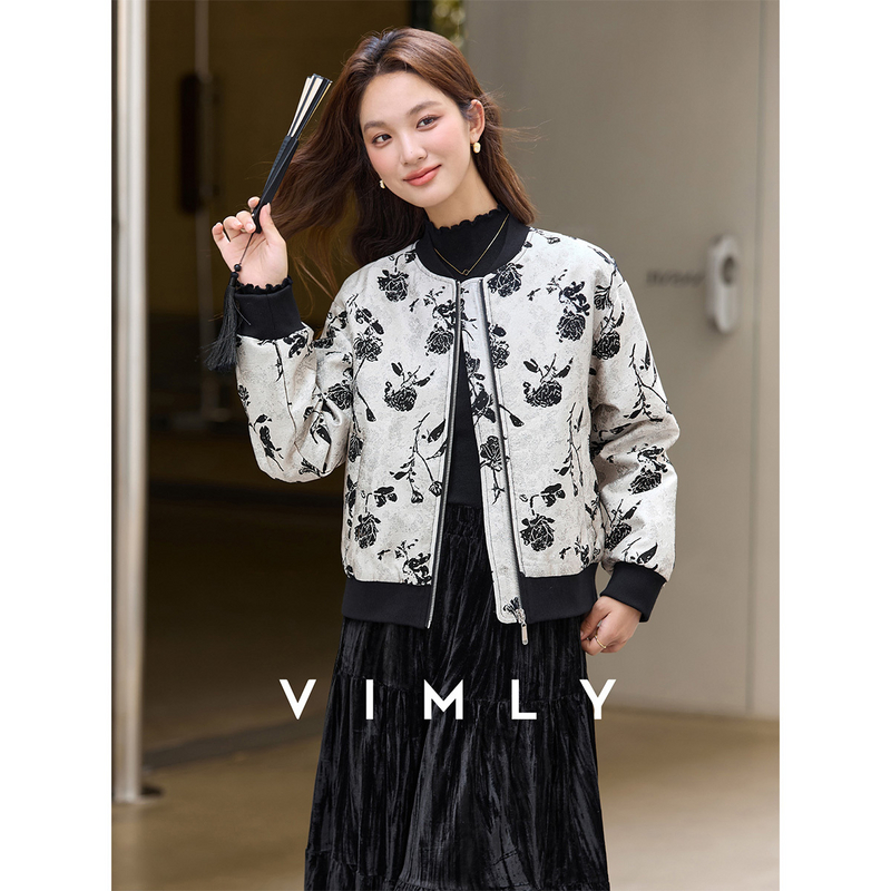 梵希蔓黑白色印花金属拉链短款外套女冬季宽松立领棒球服A3261