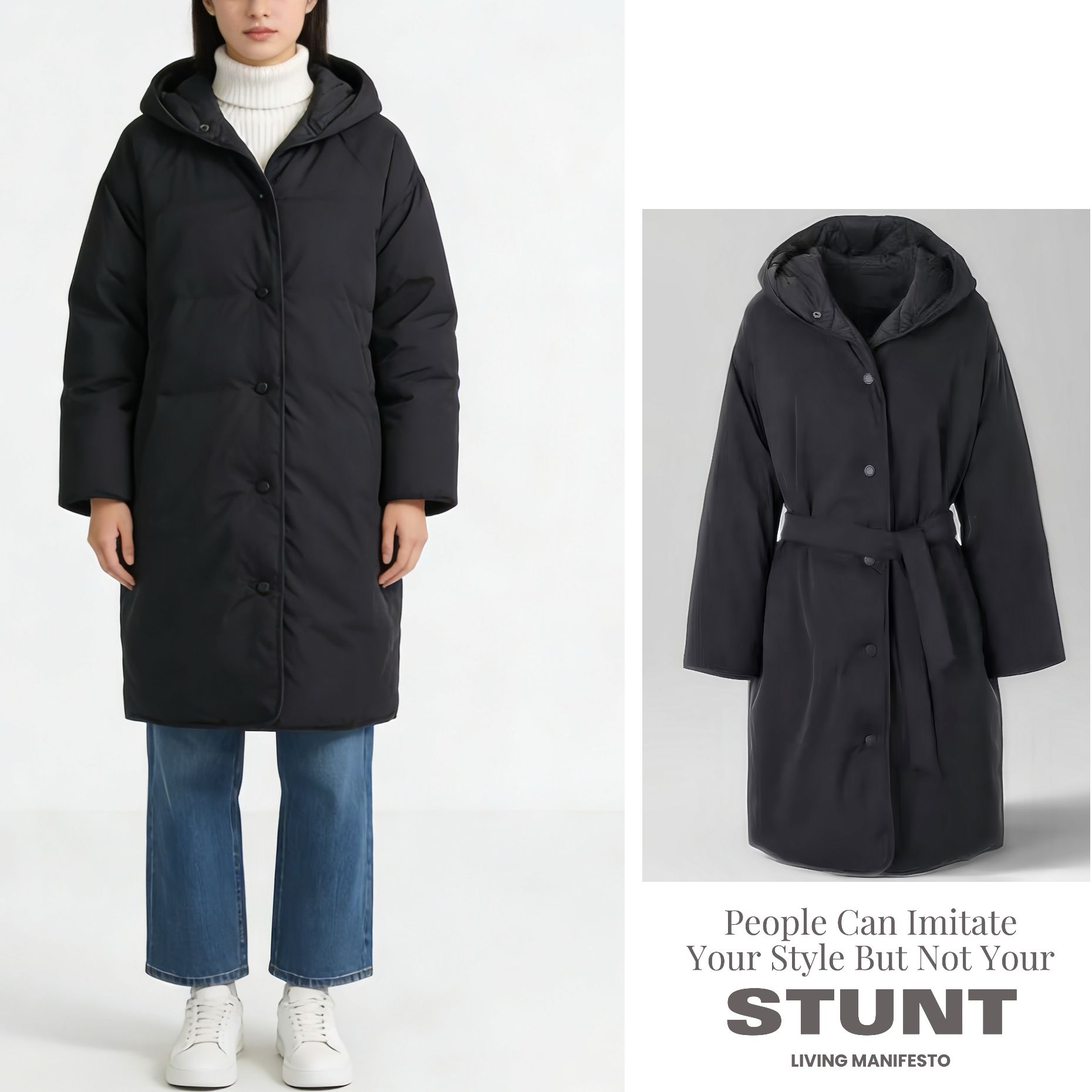 冬季新款双面穿收腰显瘦气质连帽中长款菱格羽绒服1906