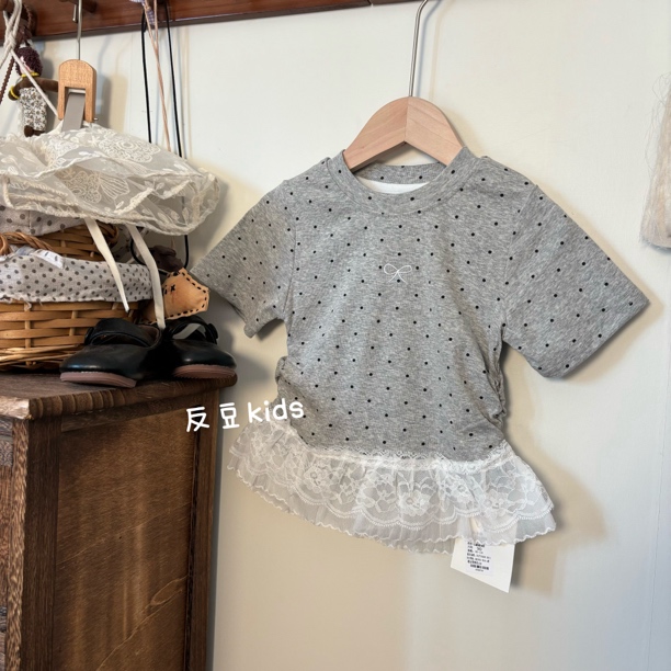 反豆kids夏季新款童装女童甜美圆领波点印花T恤韩版百搭9966