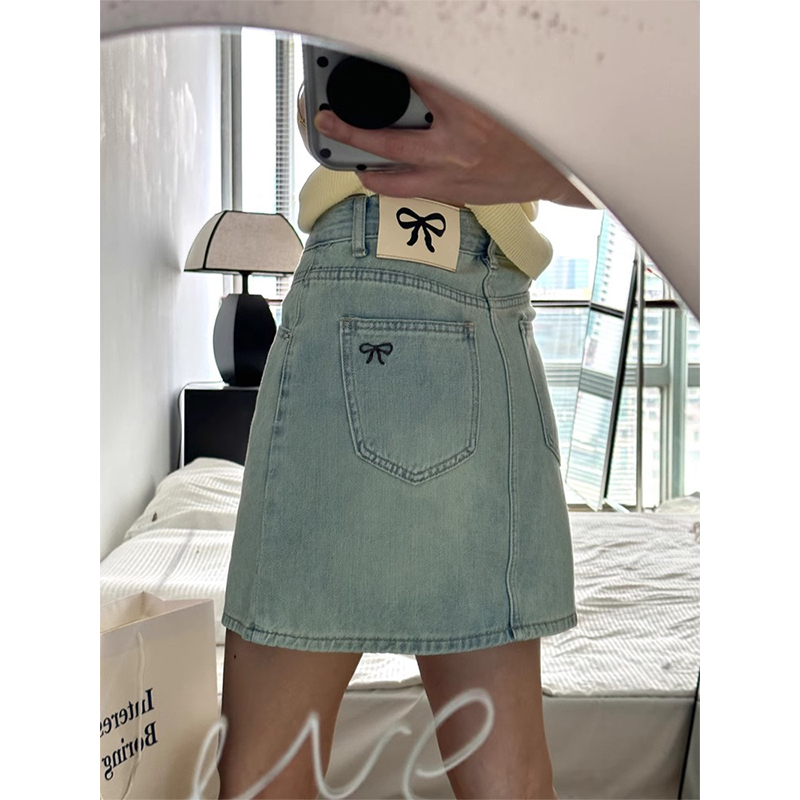 蝴蝶结刺绣弹力大码美式牛仔短裙女夏季高腰显瘦包臀a字短裙