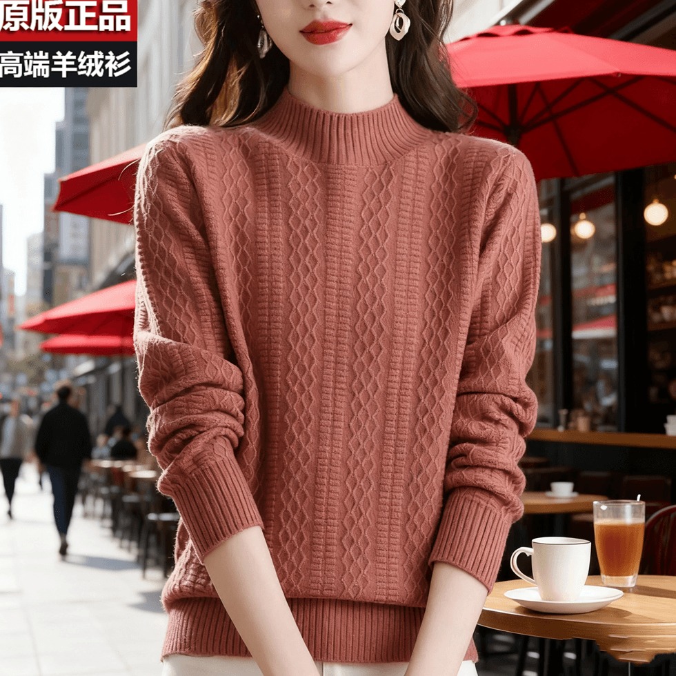 宽松秋冬纯保暖鄂尔多大码针织女100市半高领羊绒衫加厚毛衣显瘦