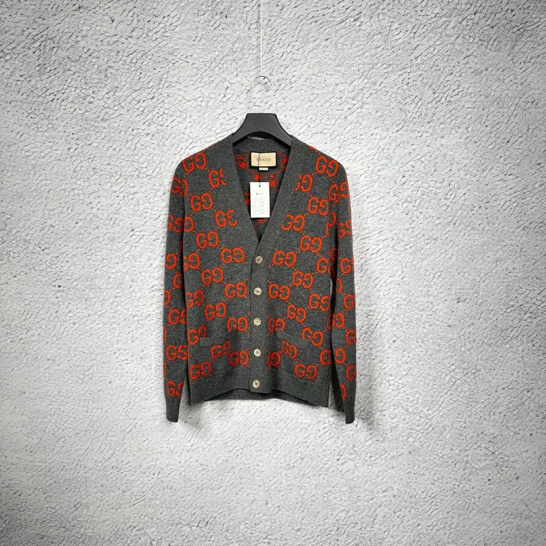 99 Gucci 古驰 灰橙色双G满印羊毛开衫针织衫 S码