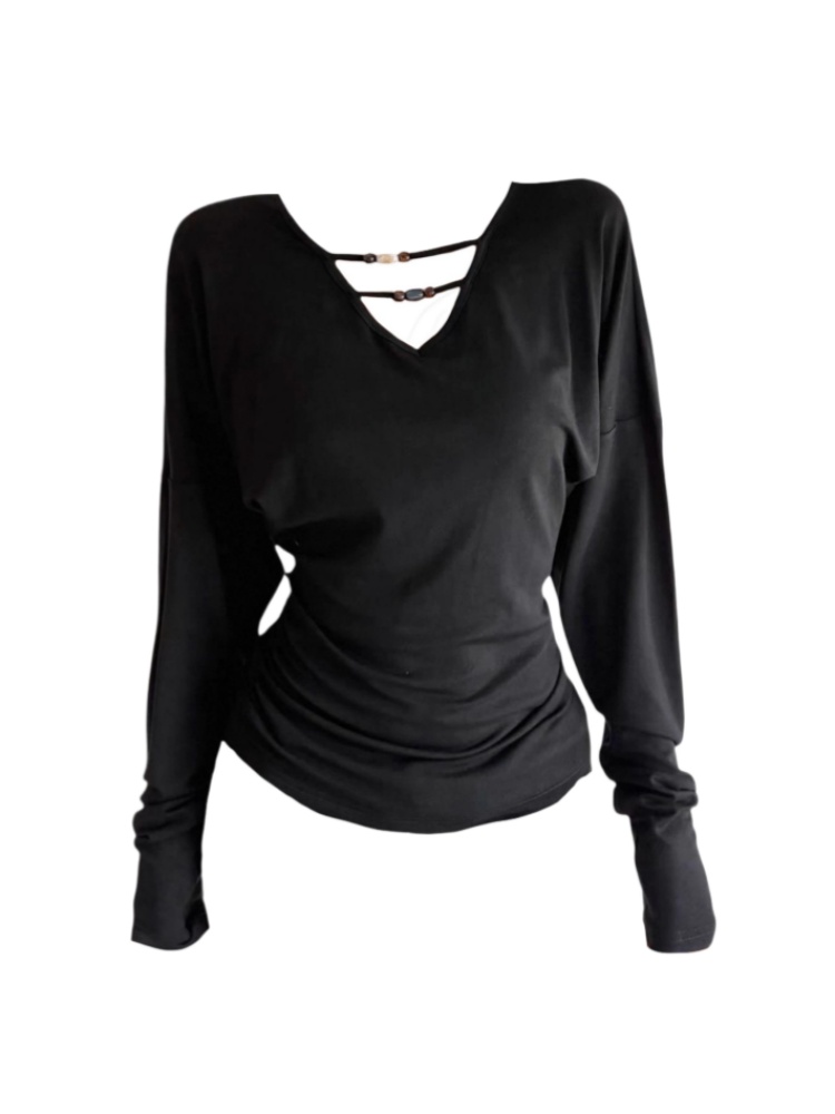 Amy家 微胖mm纯欲风v领串珠长袖打底T恤女设计感褶皱显瘦掐腰上衣