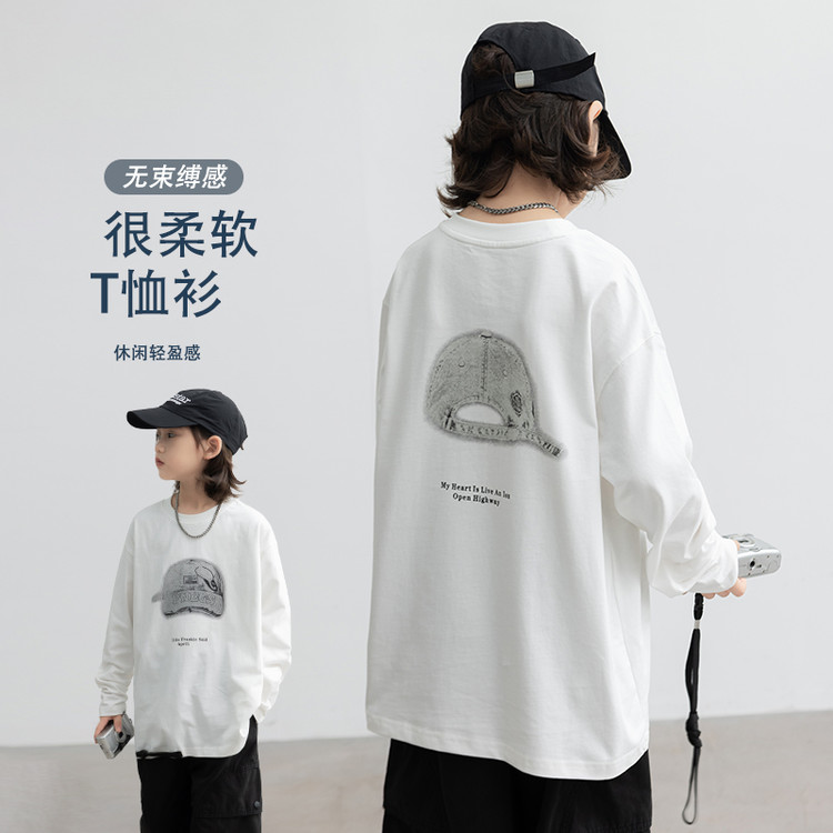 男童休闲风秋款时尚印花宽松春秋T恤卫衣T恤衫打底衫纯色中大童潮