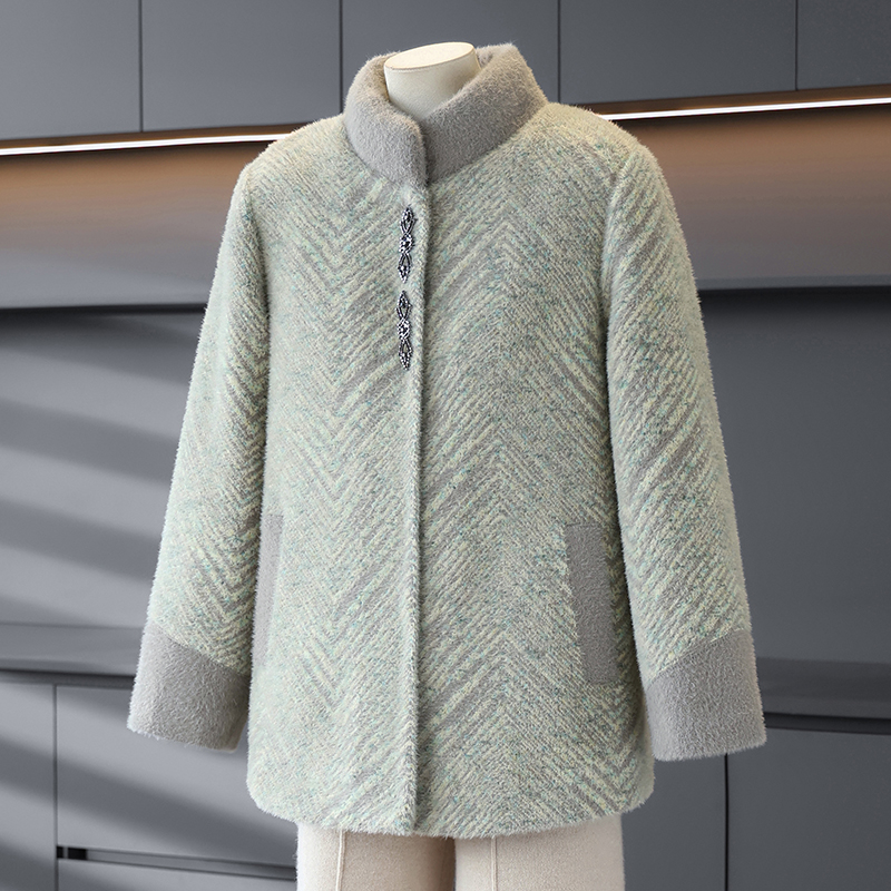 妈妈秋冬加厚时尚外套毛呢大衣立领加绒棉衣外套中年女保暖呢子厚