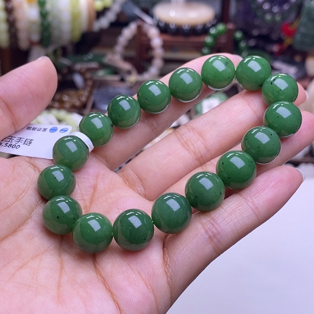 和田玉未镶嵌颈饰毕业级老坑料碧玉辣绿手链12m