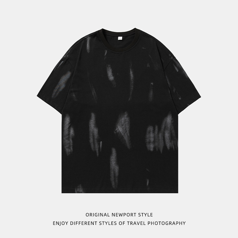 做旧擦色印花短袖T恤男女款情侣夏季质感纯棉复古体恤衫可供二开