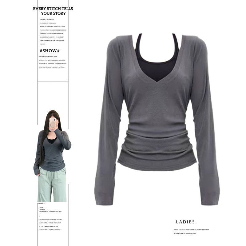 大码胖MM韩系假两件撞色挂脖长袖T恤女2025秋季新款绑带修身上衣