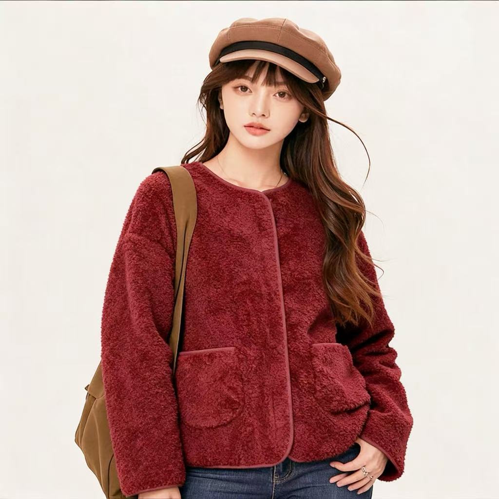 毛绒Y1308红拉链慵懒风外套8912
