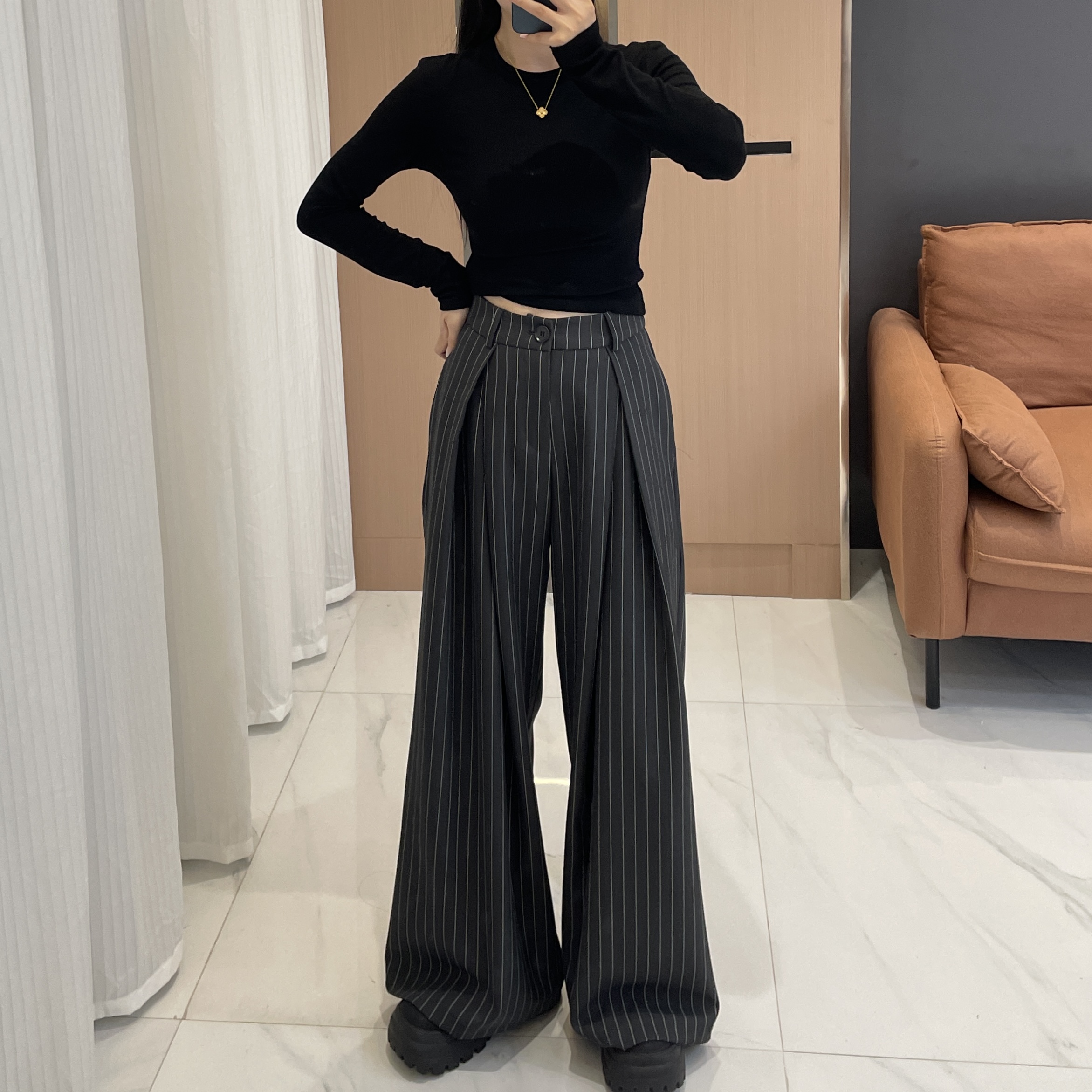 【KNJ】145小个子定制条纹百搭宽松阔腿裤150矮个子秋季潮流休闲裤