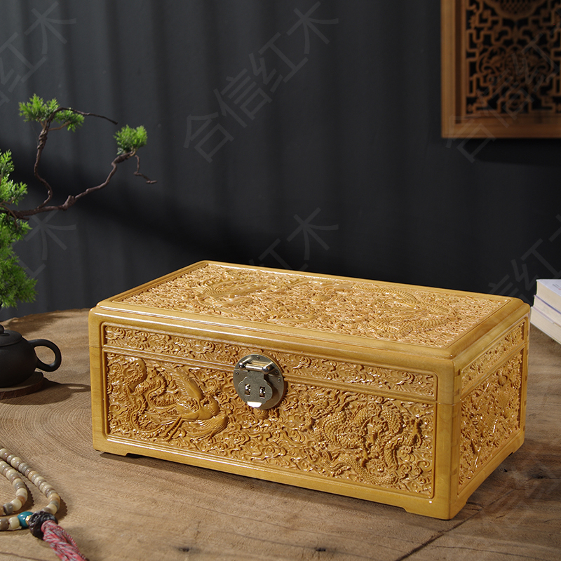  乔山工艺 金丝楠精雕龙凤收纳盒摆件