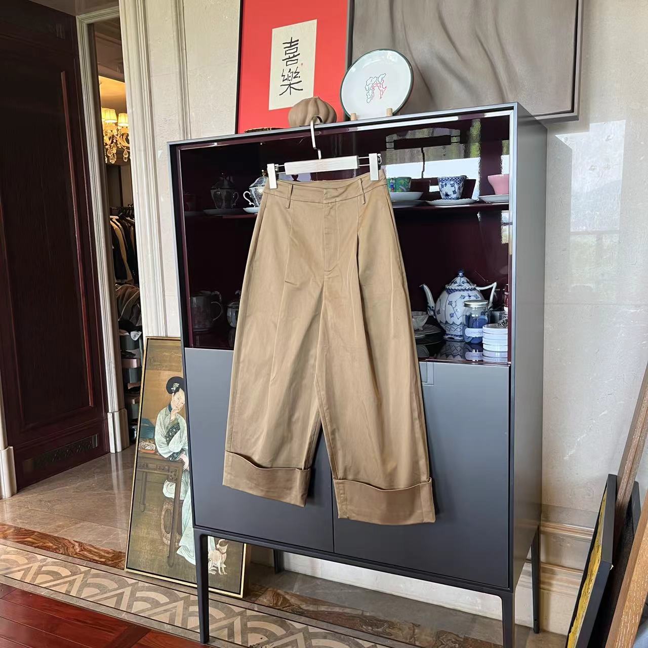 MYL 2024春夏新品氨棉卡其色休闲裤中腰直筒纯色时尚卷边长裤