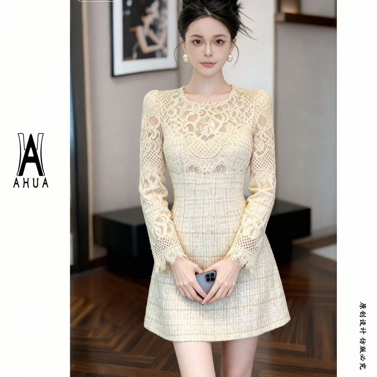 【花花原创】长袖显瘦优雅收腰气质蕾丝连衣裙名媛通勤114499