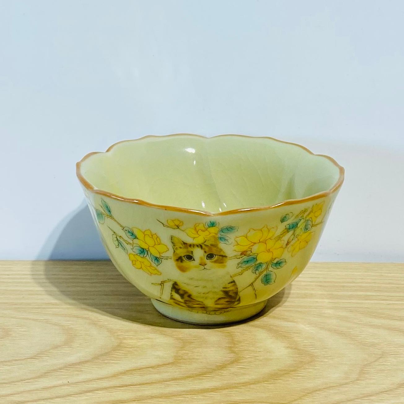 吾游茶器米黄汝窑花口猫咪主人杯茶盏高档茶杯