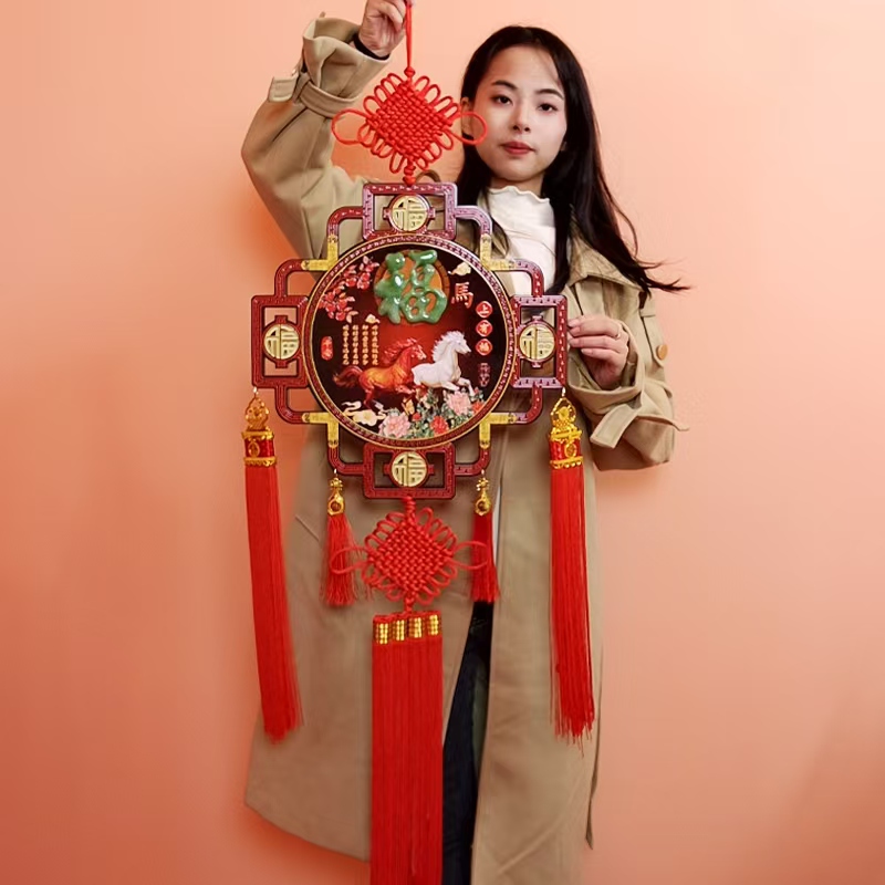 2026新款八角实木玉雕中国结福挂件大号客厅玄关乔迁背景春节装饰