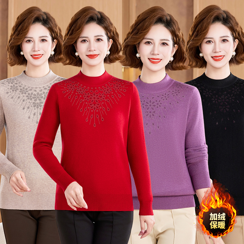 冬季新款中老年女装妈妈装圆领长袖半高领加绒加厚毛衣针织衫09