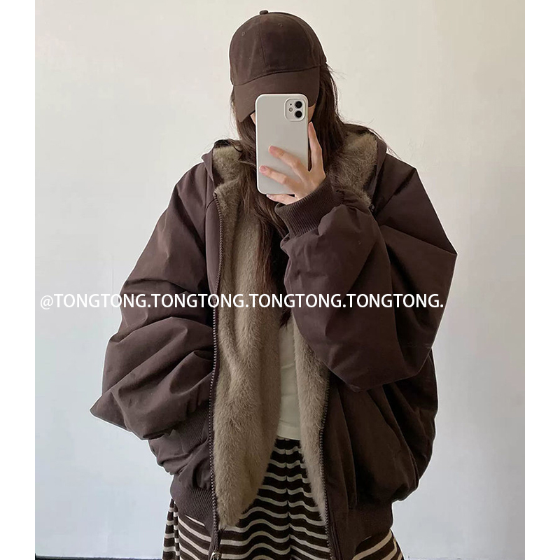 【tongtong】两面穿座山雕加绒中性慵懒男女同款宽松休闲棉衣外套