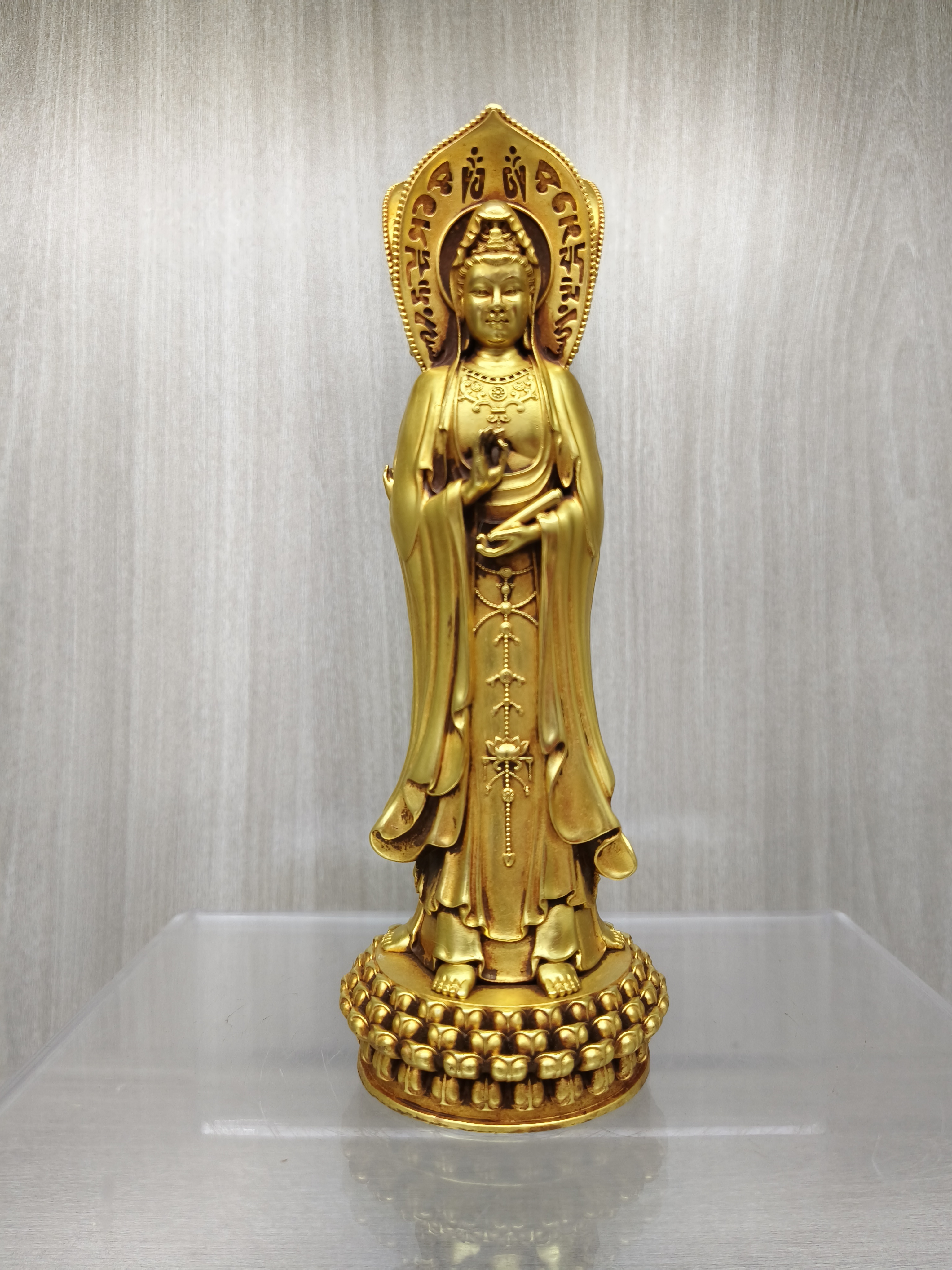 精铸紫铜鎏金三面观音站像 高18cm