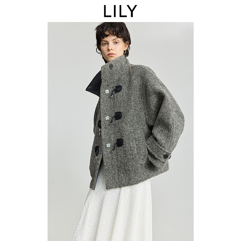 LILY2025冬女装绵羊毛羊驼毛混纺老钱风高领毛呢外套125419FN925