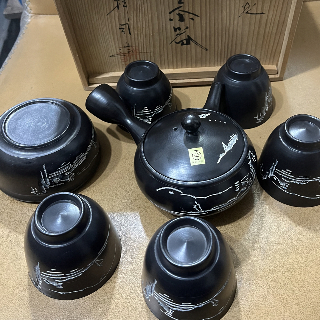 舶来精美黑朱泥常滑手刻山水茶具套（7件套）原盒茶杯