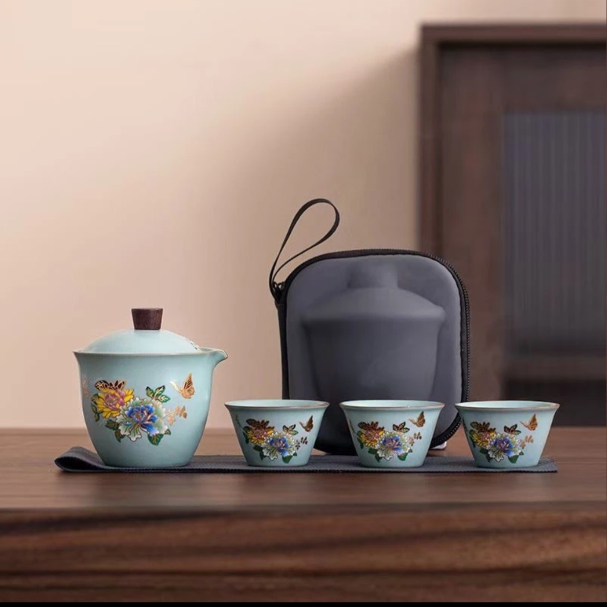 豆青汝窑蝶恋花感温变色手抓旅行茶具快客杯GT-2007