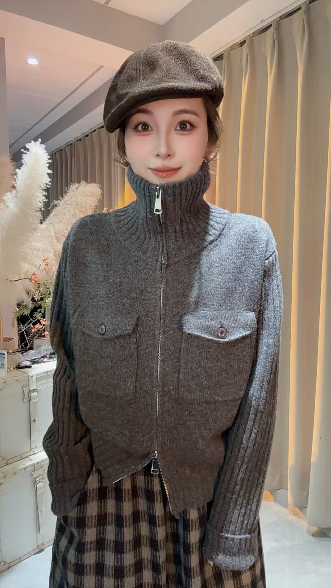 HUIHUI 翻领长袖双拉链针织上衣