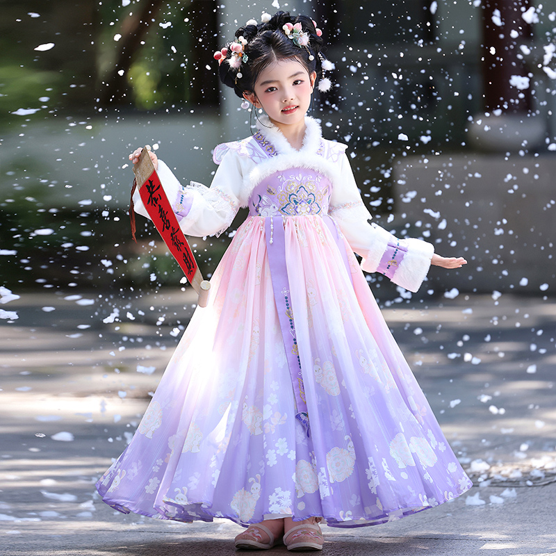 女童汉服秋冬款国风古装连衣裙2025新款儿童古风裙子加绒唐装冬季