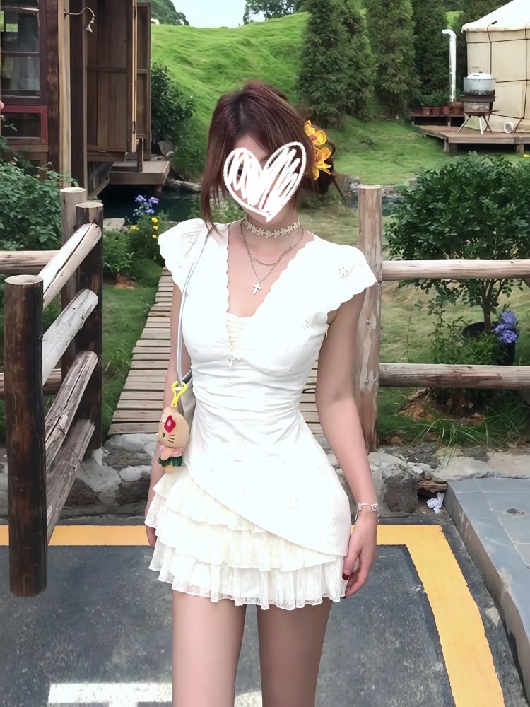 【蕾丝泡沫】夏季收腰层次感蛋糕裙套装假两件蕾丝纯欲风连衣裙女