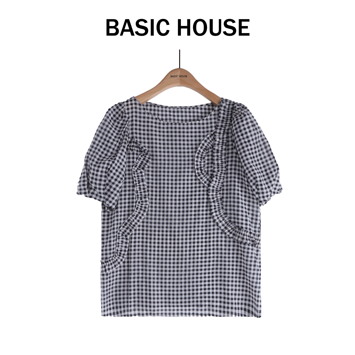 Basic House/百家好气质夏季法式宽松黑白泡泡袖格子B1335B5WF02