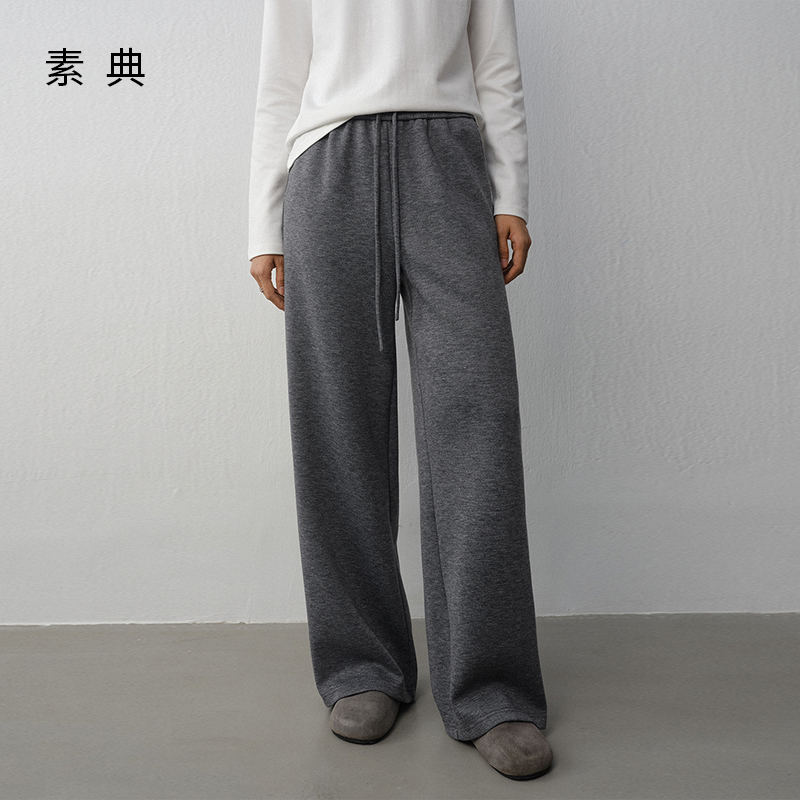 素典【暖绒卫裤】羊毛天丝格雷系宽松百搭针织长裤秋冬休闲卫裤4877