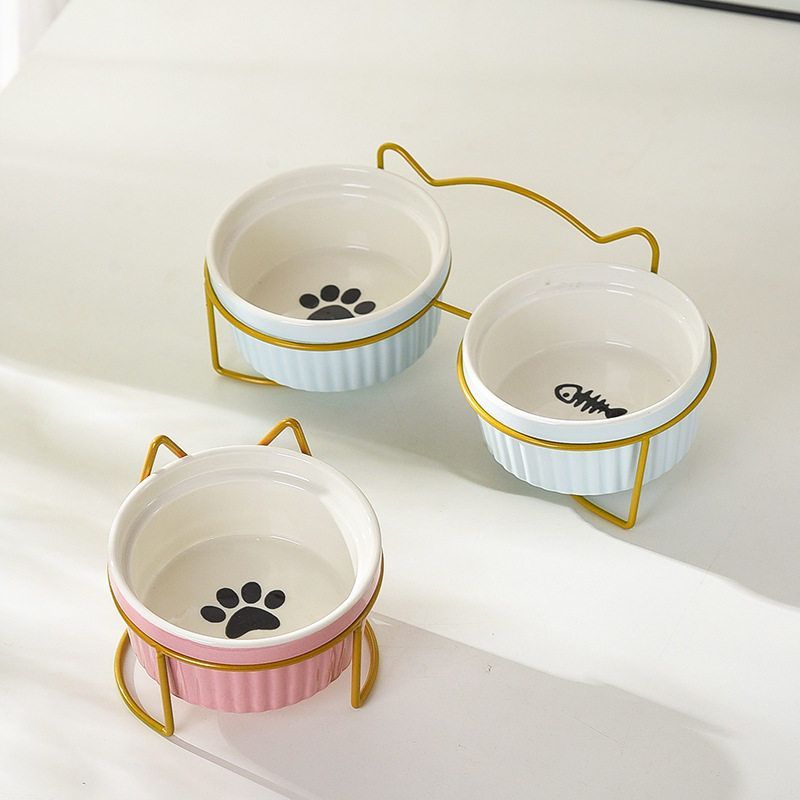 猫碗铁架陶瓷双碗斜口宠物碗保护颈椎条纹猫食盆猫咪粮碗饮水小碗