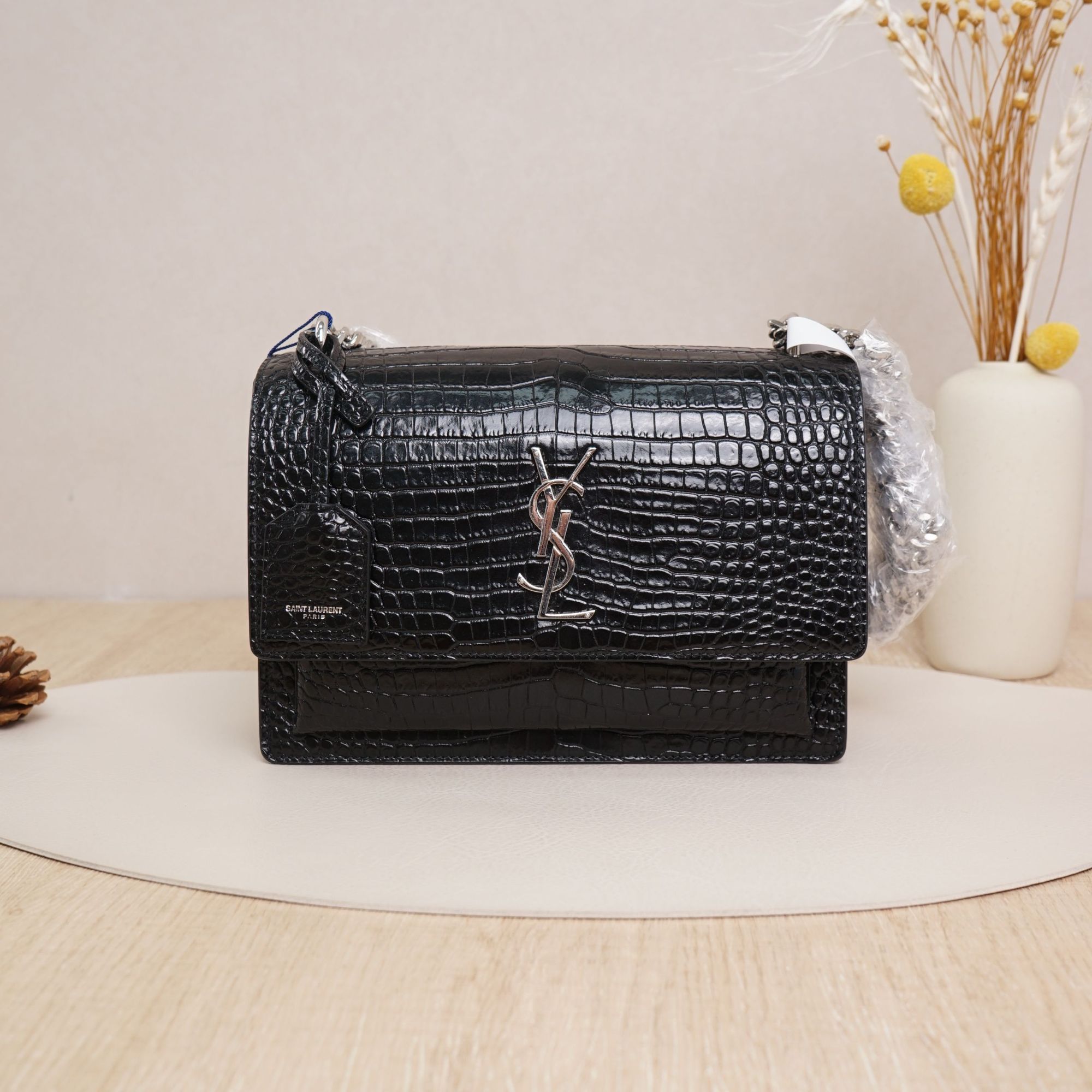 95新 YSL/圣罗兰  圣罗兰日落包大号黑银牛皮/DS037747